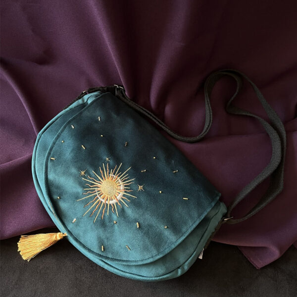 Sac Besace✨Astres ✨en velours bleu paon