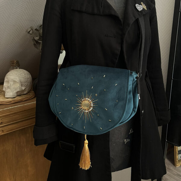 Sac Besace✨Astres ✨en velours bleu paon – Image 4